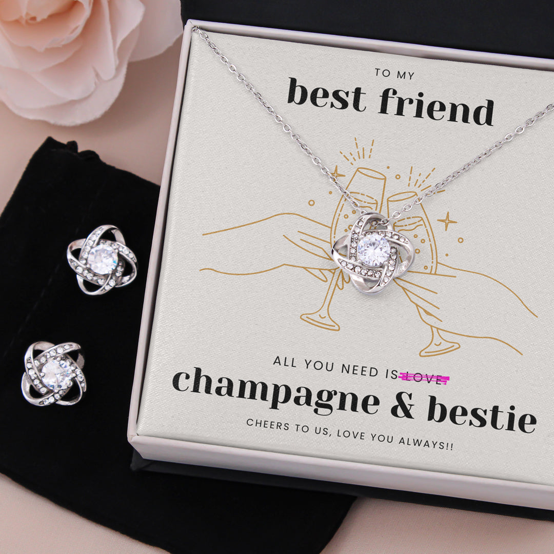 Bestie Love Knot Necklace & Earring Set: All You Need is Champagne & Bestie