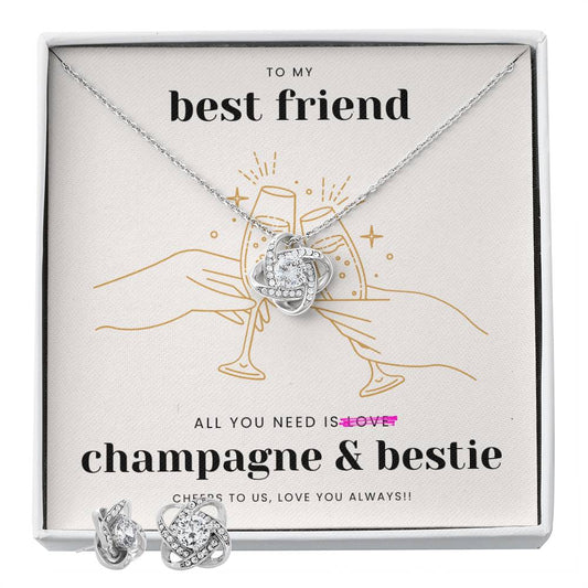 Bestie Love Knot Necklace & Earring Set: All You Need is Champagne & Bestie